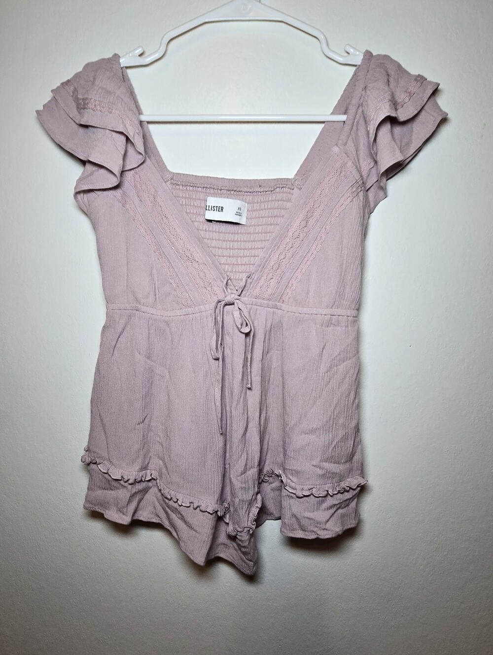 Hollister Pink V-Neck Babydoll Blouse Flutter Short Sleeve Tie Front XS